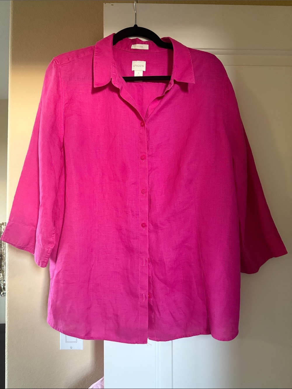 Chico's Bright Fuchsia Button-Down No Iron Linen Shirt size 3/xl